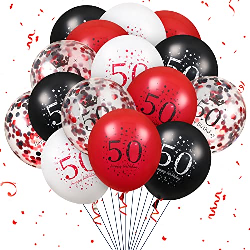 Latex-Luftballons zum 50. Geburtstag, 16 Stück Rot Schwarz, Happy 50. Geburtstag Rot Schwarz, 50. Geburtstag, Partydekoration, Luftballons für Frauen, Männer, 50. Geburtstag, Jubiläumsdekor von RUMIA