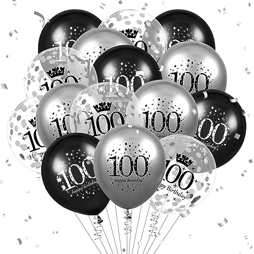 Luftballon 100. Geburtstag Deko 15 Stück Schwarz Silber Ballons - 100 Jahre Geburtstagsdeko Happy Birthday Deko Latex Konfetti Ballon für Männer Frauen 100. Jubiläum Geburtstag Party Dekoration 12Zoll von RUMIA