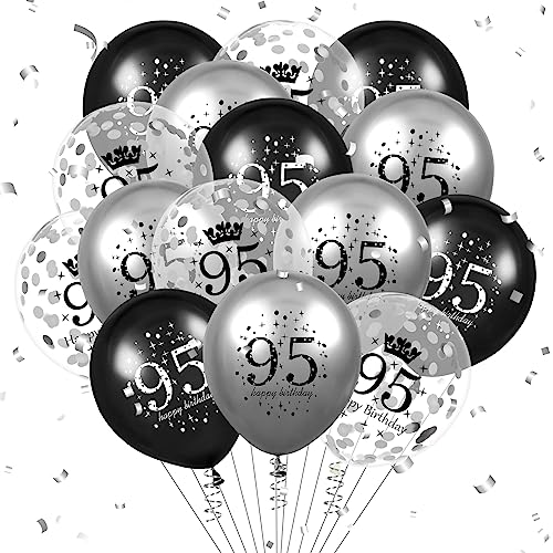 Luftballon 95. Geburtstag Deko 15 Stück Schwarz Silber Ballons - 95 Jahre Geburtstagsdeko Happy Birthday Deko Latex Konfetti Ballon für Männer Frauen 95. Jubiläum Geburtstag Party Dekoration 12Zoll von RUMIA