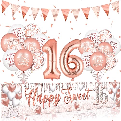 Sweet 16 Geburtstag Dekorationen Roségold Happy Sweet 16 Banner 18 Stück Luftballons zum 16. Geburtstag 40 Zoll Nummer 16 Folienballons für Mädchen Sweet Sixteen Geburtstag Jahrestag Partyzubehör von RUMIA