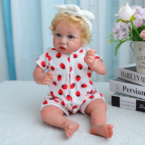 RUNGQIANY Realistische Babypuppe, 22zoll Reborn Baby Mädchen Weiche Silikon-Vinyl-Puppe 55cm Reborn Puppen Rosa Mit Erdbeermuster, Weiche Stoffkonstruktion, Lebensecht Reborn Puppen Sammlerkollektion von RUNGQIANY