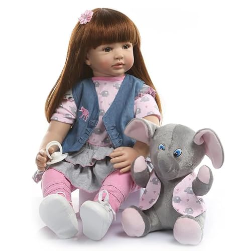22 Zoll 55 CM Realistische Puppe Plüschelefant, Braunes Haar, Kleidung in Rosa und Blau Lebensecht Neugeborene Mädchenpuppen Kuschelkörper Silikon Baby Puppen Wie Echt Babypuppe Reborn Baby Mädchen von RUNGQIANY