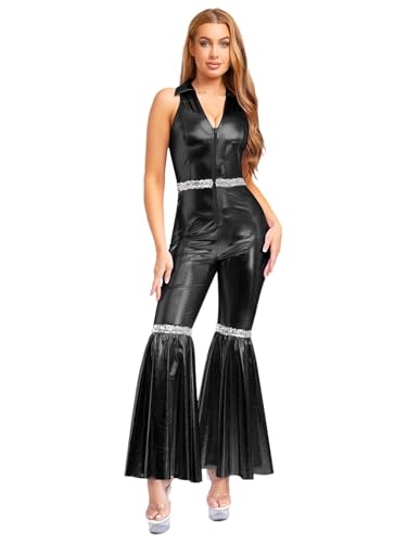 RUNQHUI Damen Glänzend Metallic Jumpsuit Overall mit Schlaghose 70er Jahre Disco Hippie Kostüm Party Fastnacht Tanzkostüm Schwarz S RUNQHUI Damen Glänzend Metallic Jumpsuit Overall mit Schlaghose 70er Jahre Disco Hippie Kostüm Party Fastnacht Tanzkostüm Schwarz S von RUNQHUI