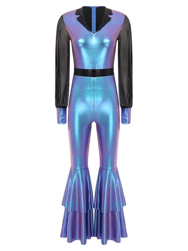 RUNQHUI Damen Langarm Ganzkörperanzug mit Schlaghose 70er 80er Disco Kostüm Metallic Jumpsuit Vintage Festliches Overall Für Karneval Cosplay Party Farbverlauf Blau XXL RUNQHUI Damen Langarm Ganzkörperanzug mit Schlaghose 70er 80er Disco Kostüm Metallic Jumpsuit Vintage Festliches Overall Für Karneval Cosplay Party Farbverlauf Blau XXL von RUNQHUI
