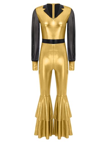 RUNQHUI Damen Langarm Ganzkörperanzug mit Schlaghose 70er 80er Disco Kostüm Metallic Jumpsuit Vintage Festliches Overall Für Karneval Cosplay Party Gold M RUNQHUI Damen Langarm Ganzkörperanzug mit Schlaghose 70er 80er Disco Kostüm Metallic Jumpsuit Vintage Festliches Overall Für Karneval Cosplay Party Gold M von RUNQHUI