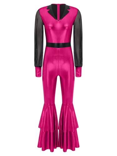 RUNQHUI Damen Langarm Ganzkörperanzug mit Schlaghose 70er 80er Disco Kostüm Metallic Jumpsuit Vintage Festliches Overall Für Karneval Cosplay Party Hot Pink M RUNQHUI Damen Langarm Ganzkörperanzug mit Schlaghose 70er 80er Disco Kostüm Metallic Jumpsuit Vintage Festliches Overall Für Karneval Cosplay Party Hot Pink M von RUNQHUI
