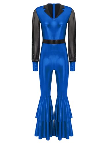 RUNQHUI Damen Langarm Ganzkörperanzug mit Schlaghose 70er 80er Disco Kostüm Metallic Jumpsuit Vintage Festliches Overall Für Karneval Cosplay Party Königsblau S RUNQHUI Damen Langarm Ganzkörperanzug mit Schlaghose 70er 80er Disco Kostüm Metallic Jumpsuit Vintage Festliches Overall Für Karneval Cosplay Party Königsblau S von RUNQHUI