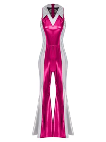 RUNQHUI Damen Metallisch Overall Farbblock Jumpsuit mit Schlaghose Vintage Retro Tanzkostüm Disco Hippie Outfit Halloween Cosplay Fasching Kostüm Hot Pink M RUNQHUI Damen Metallisch Overall Farbblock Jumpsuit mit Schlaghose Vintage Retro Tanzkostüm Disco Hippie Outfit Halloween Cosplay Fasching Kostüm Hot Pink M von RUNQHUI