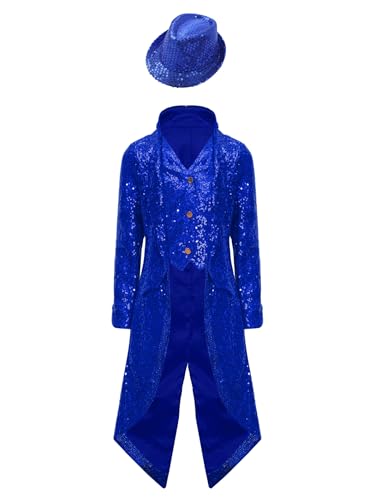 RUNQHUI Kinder Jungen Mittelalter Gothic Mantel Renaissance Steampunk Pailletten Frackjacke mit Hut Set Party Revers Anzug Hip Hop Tanz Performance Königsblau 134-140 von RUNQHUI