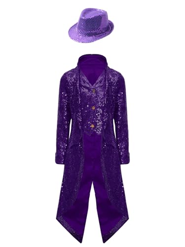 RUNQHUI Kinder Jungen Mittelalter Gothic Mantel Renaissance Steampunk Pailletten Frackjacke mit Hut Set Party Revers Anzug Hip Hop Tanz Performance Violett 158-164 RUNQHUI Kinder Jungen Mittelalter Gothic Mantel Renaissance Steampunk Pailletten Frackjacke mit Hut Set Party Revers Anzug Hip Hop Tanz Performance Violett 158-164 von RUNQHUI