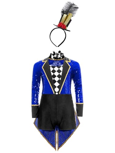 RUNQHUI Kinder Mädchen Zirkusdirektorin Kostüm Pailletten Langarm Trikotanzug Krawatte Hut Set Halloween Performance Faschingkostüm Königsblau 134-140 RUNQHUI Kinder Mädchen Zirkusdirektorin Kostüm Pailletten Langarm Trikotanzug Krawatte Hut Set Halloween Performance Faschingkostüm Königsblau 134-140 von RUNQHUI