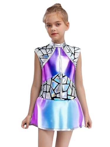 RUNQHUI Mädchen Alien Kostüm Space Girl Kleid Glänzend Metallic Minikleid Weltall Astronauten Verkleidung Halloween Karneval Fasching Party Outfits Blau 158-164 von RUNQHUI