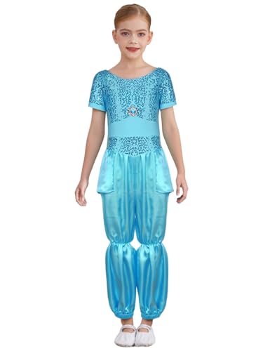 RUNQHUI Mädchen Kurzarm Arabische Prinzessin Kostüm Glänzend Overall Jumpsuit Orientalische Indische Verkleidung Halloween Fasching Party Outfits Himmelblau 134-140 RUNQHUI Mädchen Kurzarm Arabische Prinzessin Kostüm Glänzend Overall Jumpsuit Orientalische Indische Verkleidung Halloween Fasching Party Outfits Himmelblau 134-140 von RUNQHUI
