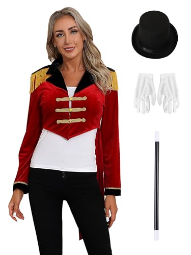 RUNQHUI Zirkus Kostüm Set Damen Langarm Samt Frack Mantel Fransen Quaste Zirkusdirektorin Uniform mit Hut Handschuhe und Zauberstab Rot 3XL RUNQHUI Zirkus Kostüm Set Damen Langarm Samt Frack Mantel Fransen Quaste Zirkusdirektorin Uniform mit Hut Handschuhe und Zauberstab Rot 3XL von RUNQHUI