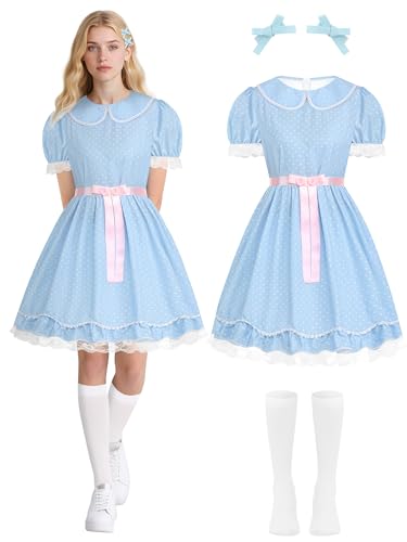 RUODON 4-teiliges Halloween-Kostüm-Set für Zwillinge, Prinzessinnen-Kostüm, blaues Kleid mit Puffärmeln, Kniestrümpfen, Haarschleife für Cosplay-Party, Blau, XXL RUODON 4-teiliges Halloween-Kostüm-Set für Zwillinge, Prinzessinnen-Kostüm, blaues Kleid mit Puffärmeln, Kniestrümpfen, Haarschleife für Cosplay-Party, Blau, XXL von RUODON