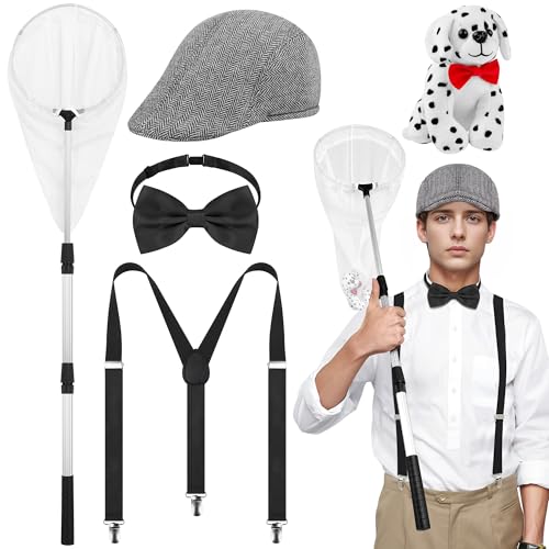 RUODON 5-teiliges Halloween-Hundefänger-Kostüm-Zubehör-Set mit Dalmatiner-Hundefänger, Netz, Hut, Fliege, Hosenträger für Erwachsene und Männer von RUODON
