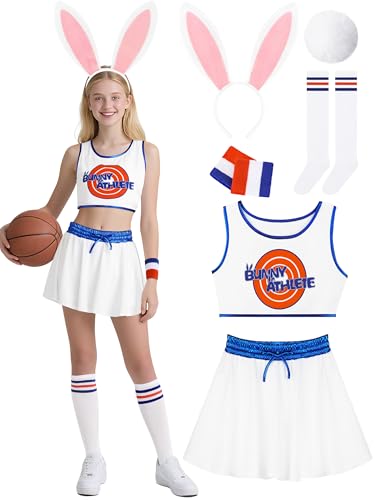 RUODON 6 Stück Damen-Basketballtrikot, Halloween-Kostüm mit Rock, Stirnband, Armbänder, Socken, Schwanz, Filmoutfit RUODON 6 Stück Damen-Basketballtrikot, Halloween-Kostüm mit Rock, Stirnband, Armbänder, Socken, Schwanz, Filmoutfit von RUODON