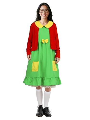 RUODON 6-teiliges Halloween-Outfit für Damen, grünes Kleid mit roter Strickjacke, Shorts, Brille, Socken, Aufkleber, Party, Cosplay-Set, Grün , XL RUODON 6-teiliges Halloween-Outfit für Damen, grünes Kleid mit roter Strickjacke, Shorts, Brille, Socken, Aufkleber, Party, Cosplay-Set, Grün , XL von RUODON