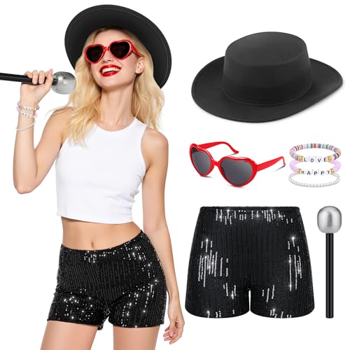 RUODON Damen-Sänger-Kostüm-Set mit Pailletten, Shorts, Armbändern, Hut, Sonnenbrille für Musik, Festival, Konzert, Halloween-Party RUODON Damen-Sänger-Kostüm-Set mit Pailletten, Shorts, Armbändern, Hut, Sonnenbrille für Musik, Festival, Konzert, Halloween-Party von RUODON