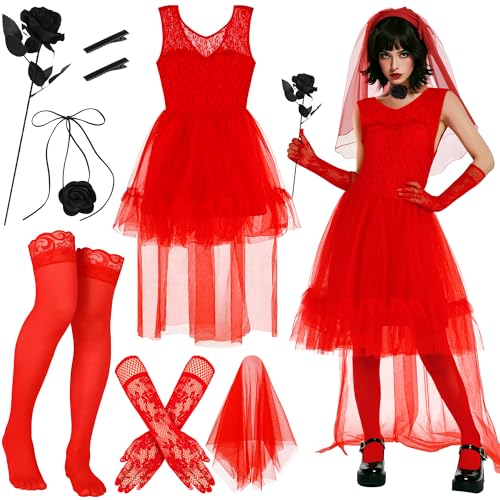 RUODON Rotes Brautkostüm für Damen, rotes Hochzeitskleid mit Spitzenschleier, Rose, Zubehör, Gothic, Geisterbraut Cosplay für Halloween RUODON Rotes Brautkostüm für Damen, rotes Hochzeitskleid mit Spitzenschleier, Rose, Zubehör, Gothic, Geisterbraut Cosplay für Halloween von RUODON