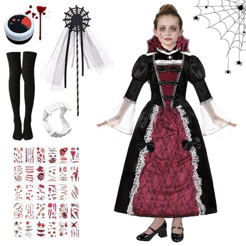 RURIZHONGTIAN Vampir Kleid Mädchen, Mrsclaus Vampir Kostüm Mädchen, Halloween Kostüm Kinder, mit Tattoo-Aufkleber, Fake Blut, Halloween Kostüm Kinder Dracula, für Fasching Karneval Party, Cosplay von RURIZHONGTIAN