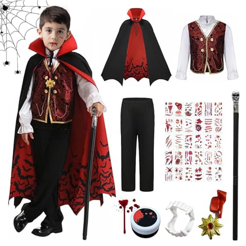 RURIZHONGTIAN Vampir Kostüm Kinder,Halloween Kostüm Kinder Vampir, Vampier Kinderkostüme Jungen, mit Umhang Schwarz, Zepter, Vampirgebiss, Vampirmedaille, Kunstblut und Bluttattoo-Aufkleber. von RURIZHONGTIAN