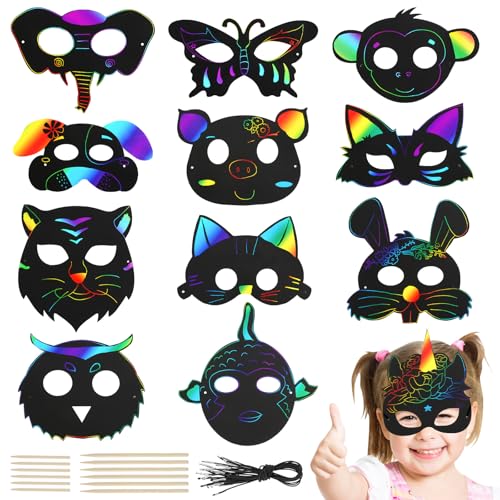 24 Stück Kratzbilder Masken für Kinder, 12 Tiere Scratch Painting Art Masken, Magische Kratzmasken, Regenbogen Kratzpapier Set mit 24 Elastischen Kordeln 12 Holzstiften für Kindergeburtstag Spiele 24 Stück Kratzbilder Masken für Kinder, 12 Tiere Scratch Painting Art Masken, Magische Kratzmasken, Regenbogen Kratzpapier Set mit 24 Elastischen Kordeln 12 Holzstiften für Kindergeburtstag Spiele von RVLZKCPG