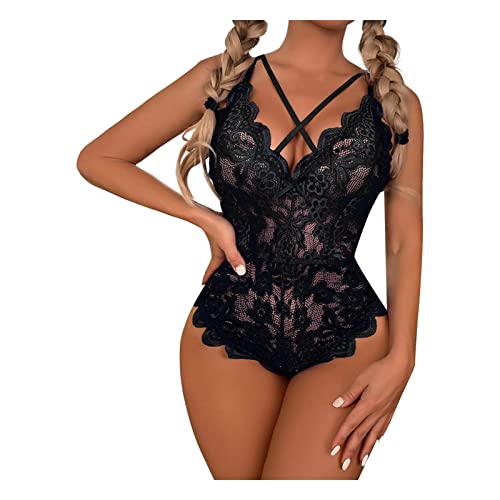 RWRAPS Body Stück Schwarz V-ausschnitt Dessous Sexy Frauen Floral Spitze Sexy Kostüme (D XL code) von RWRAPS