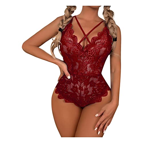 RWRAPS Body Stück Schwarz V-ausschnitt Dessous Sexy Frauen Floral Spitze Sexy Kostüme (D XL code) von RWRAPS