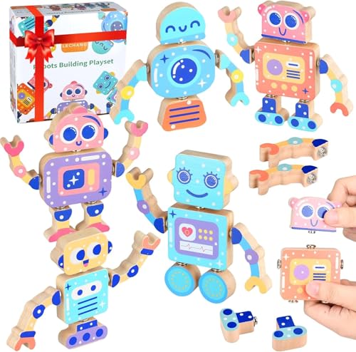 RWSRW Bauklötze Holz Montessori Spielzeug ab 3 Jahren, Bauklötze Holz Konstruktionsspielzeug mit Buttons, Feinmotorik & DIY Roboter - Holzspielzeug für Jungen & Mädchen 3-6 Jahre von RWSRW