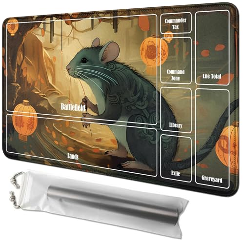 RWUTYTIUL 61 x 35,6 cm Laterne Maus Karte Spielmatte mit Tube Tasche, Kartenspiel Spielmatte mit Zonen Commander, Deck Board MTG RPG CCG TCG Kartenspiel Spieltischunterlage für Anfänger von RWUTYTIUL