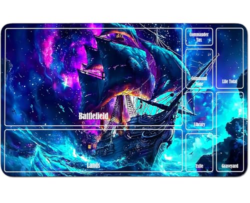 RWUTYTIUL Für MTG-Karten-Spielmatte, 61 x 35,6 cm, mit einer Zone, genähte Spielmatte für Commander-Board, TCG, RPG, CCG, Desktop-Tablet, Mauspad zum Spielen von Zubehör, Galaxie-Segelboot von RWUTYTIUL