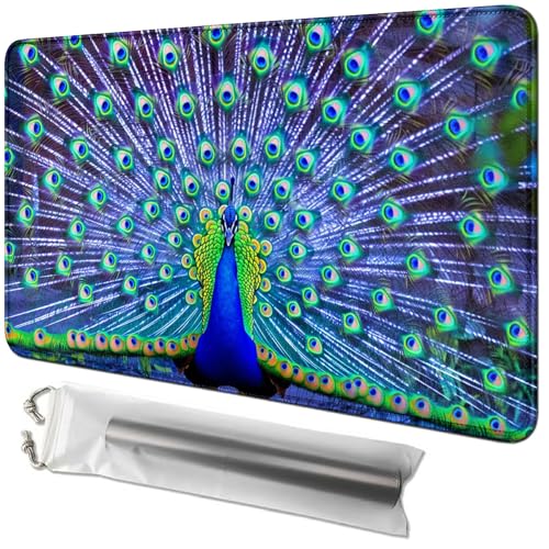 RWUTYTIUL Kartenspielmatte, 61 x 35,6 cm, mit Playmat-Tube, Kartenspiel-Spielmatte mit genähtem Commander-Deckbrett, MTG, RPG, CCG, TCG, Kartenspiel, Schreibtischmatten für Anfänger, Pfau von RWUTYTIUL