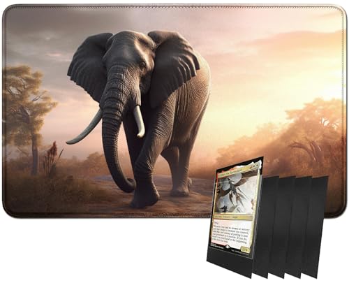 RWUTYTIUL MTG-Kartenspielmatte und 100 Kartenhüllen, 61 x 35,6 cm TCG-Spielmatte, genähte Spielmatte für Commander Board RPG CCG Game Magic The Gathering, Spielmatte, Elefant von RWUTYTIUL