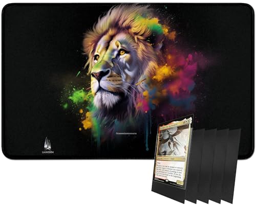 RWUTYTIUL MTG-Kartenspielmatte und 100 Kartenhüllen, 61 x 35,6 cm TCG-Spielmatte, genähte Spielmatte für Commander Board RPG CCG Game Magic The Gathering, Spielmatte, Löwe von RWUTYTIUL