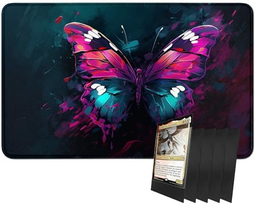 RWUTYTIUL MTG-Kartenspielmatte und 100 Kartenhüllen, 61 x 35,6 cm TCG-Spielmatte, genähte Spielmatte für Commander Board RPG CCG Game Magic The Gathering, Spielmatte, Schmetterling von RWUTYTIUL