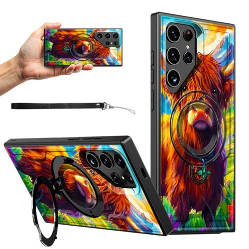 RWUTYTIUL Magnetische Schutzhülle für Samsung Galaxy S24 Ultra 5G, 17,3 cm (6,8 Zoll), mit Handschlaufe, Ständer, kratzfest, hartes Polycarbonat-Silikon, stoßfest, für Damen, Herren, Jungen, berggelbe von RWUTYTIUL