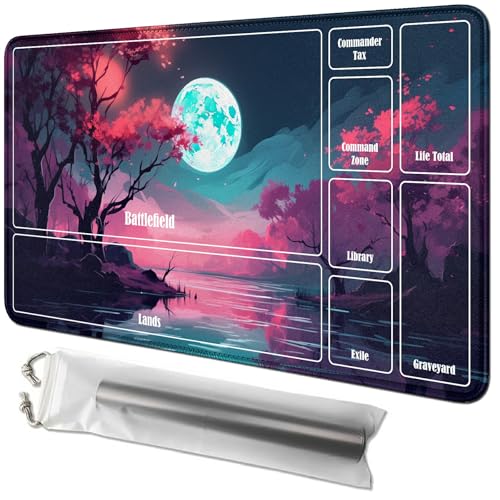 RWUTYTIUL Pink Tree Moon Karten-Spielmatte, 61 x 35,6 cm, mit Playmat-Schlauchtasche, Kartenspiel-Spielmatte mit Zonen, Kommandantendeckbrett, MTG, RPG, CCG, TCG, Kartenspiel, Schreibtischmatten für von RWUTYTIUL