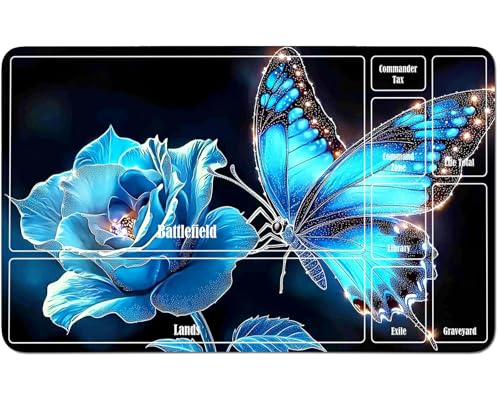 RWUTYTIUL for MTG Card Playmat 24 X 14 Inch with A Zone, Stitched Play Mat for Commander-Board TCG RPG CCG Game Desktop Tablet Mouse Pad for Playing Accessories, Blue Rose Butterfly von RWUTYTIUL