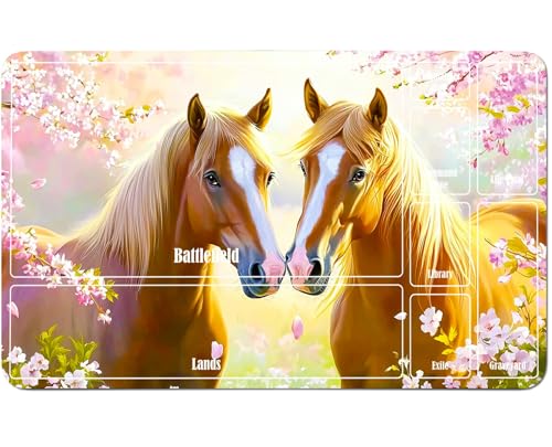RWUTYTIUL for MTG Card Playmat 24 X 14 Inch with A Zone, Stitched Play Mat for Commander-Board TCG RPG CCG Game Desktop Tablet Mouse Pad for Playing Accessories, Cherry Blossom Horse von RWUTYTIUL