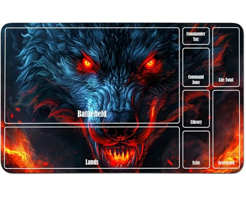 RWUTYTIUL for MTG Card Playmat 24 X 14 Inch with A Zone, Stitched Play Mat for Commander Board TCG RPG CCG Game Desktop Tablet Mouse Pad for Playing Accessories, Flaming Cool Wolf von RWUTYTIUL