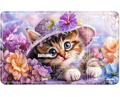 RWUTYTIUL for MTG Card Playmat 24 X 14 Inch with A Zone, Stitched Play Mat for Commander-Board TCG RPG CCG Game Desktop Tablet Mouse Pad for Playing Accessories, Peony Kitten von RWUTYTIUL
