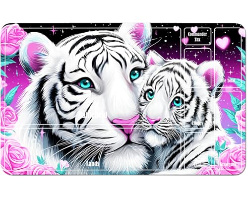 RWUTYTIUL for MTG Card Playmat 24 X 14 Inch with A Zone, Stitched Play Mat for Commander-Board TCG RPG CCG Game Desktop Tablet Mouse Pad for Playing Accessories, Pink Flower White Tiger von RWUTYTIUL