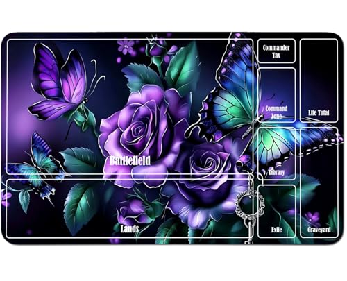 RWUTYTIUL for MTG Card Playmat 24 X 14 Inch with A Zone, Stitched Play Mat for Commander-Board TCG RPG CCG Game Desktop Tablet Mouse Pad for Playing Accessories, Purple Rose Butterfly von RWUTYTIUL
