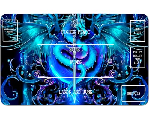 RWUTYTIUL for MTG Card Playmat 24 X 14 Inch with B Zone, Stitched Play Mat for Commander Board TCG RPG CCG Game Desktop Tablet Mouse Pad for Playing Accessories, Blue Dragon Flame von RWUTYTIUL