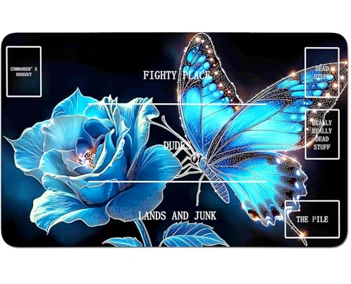 RWUTYTIUL for MTG Card Playmat 24 X 14 Inch with B Zone, Stitched Play Mat for Commander Board TCG RPG CCG Game Desktop Tablet Mouse Pad for Playing Accessories, Blue Rose Butterfly von RWUTYTIUL