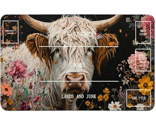 RWUTYTIUL for MTG Card Playmat 24 X 14 Inch with B Zone, Stitched Play Mat for Commander Board TCG RPG CCG Game Desktop Tablet Mouse Pad for Playing Accessories, Flower White Cow von RWUTYTIUL