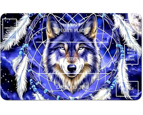 RWUTYTIUL for MTG Card Playmat 24 X 14 Inch with B Zone, Stitched Play Mat for Commander Board TCG RPG CCG Game Desktop Tablet Mouse Pad for Playing Accessories, Purple Dreamcatcher Wolf von RWUTYTIUL