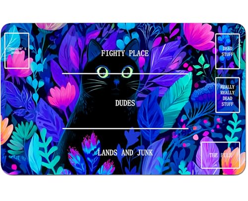 RWUTYTIUL for MTG Card Playmat 24 X 14 Inch with B Zone, Stitched Play Mat for Commander Board TCG RPG CCG Game Desktop Tablet Mouse Pad for Playing Accessories, Purple Flower Black Cat von RWUTYTIUL