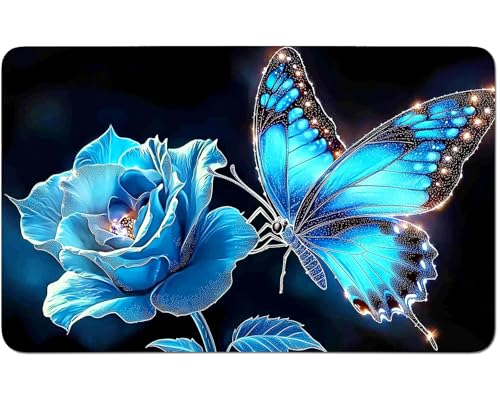 RWUTYTIUL for MTG Card Playmat 24 X 14 Inch with No Zone, Stitched Play Mat for Commander-Board TCG RPG CCG Game Desktop Tablet Mouse Pad for Playing Accessories, Blue Rose Butterfly von RWUTYTIUL